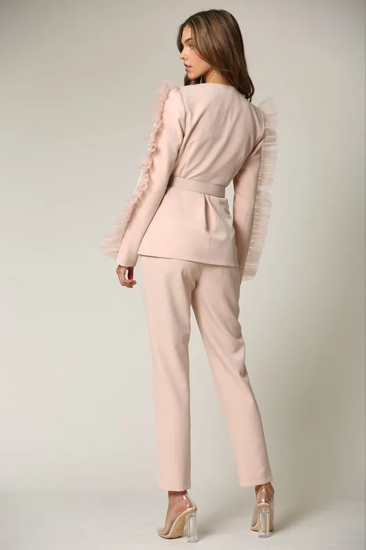 Blazer   Pants Set featuring Mesh Ruffled  Sleeve