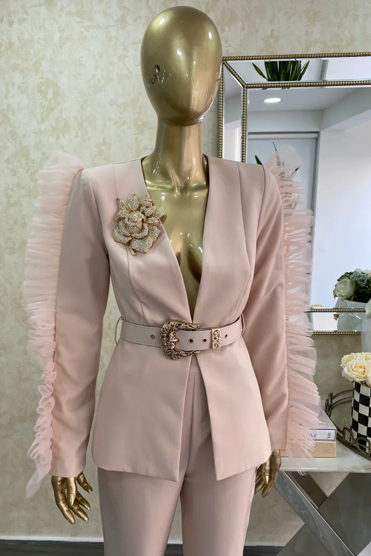 Blazer   Pants Set featuring Mesh Ruffled  Sleeve