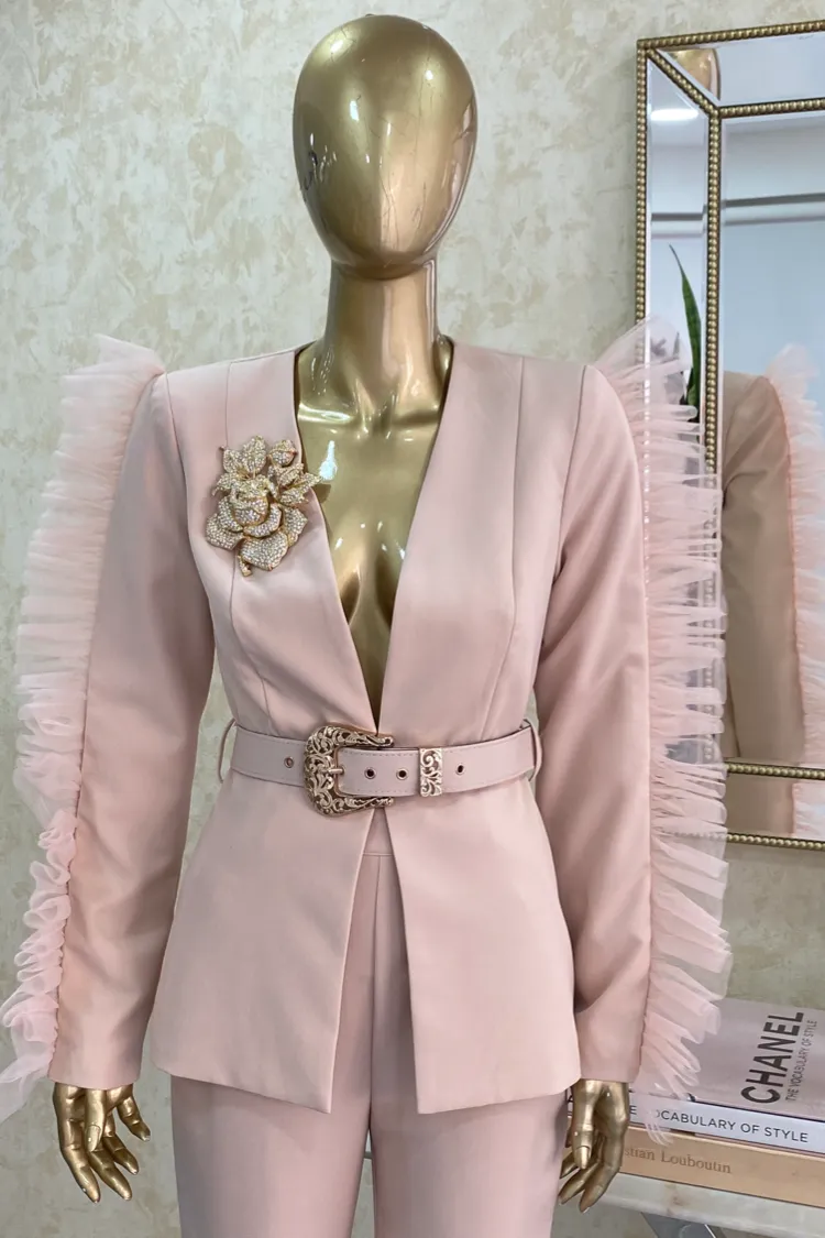 Blazer   Pants Set featuring Mesh Ruffled  Sleeve