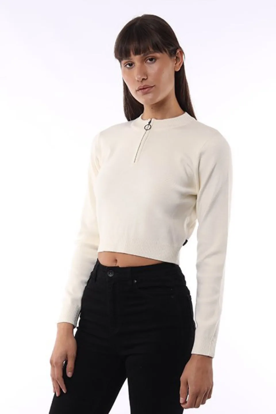 Effortless Zip Crop Natural Knit Top