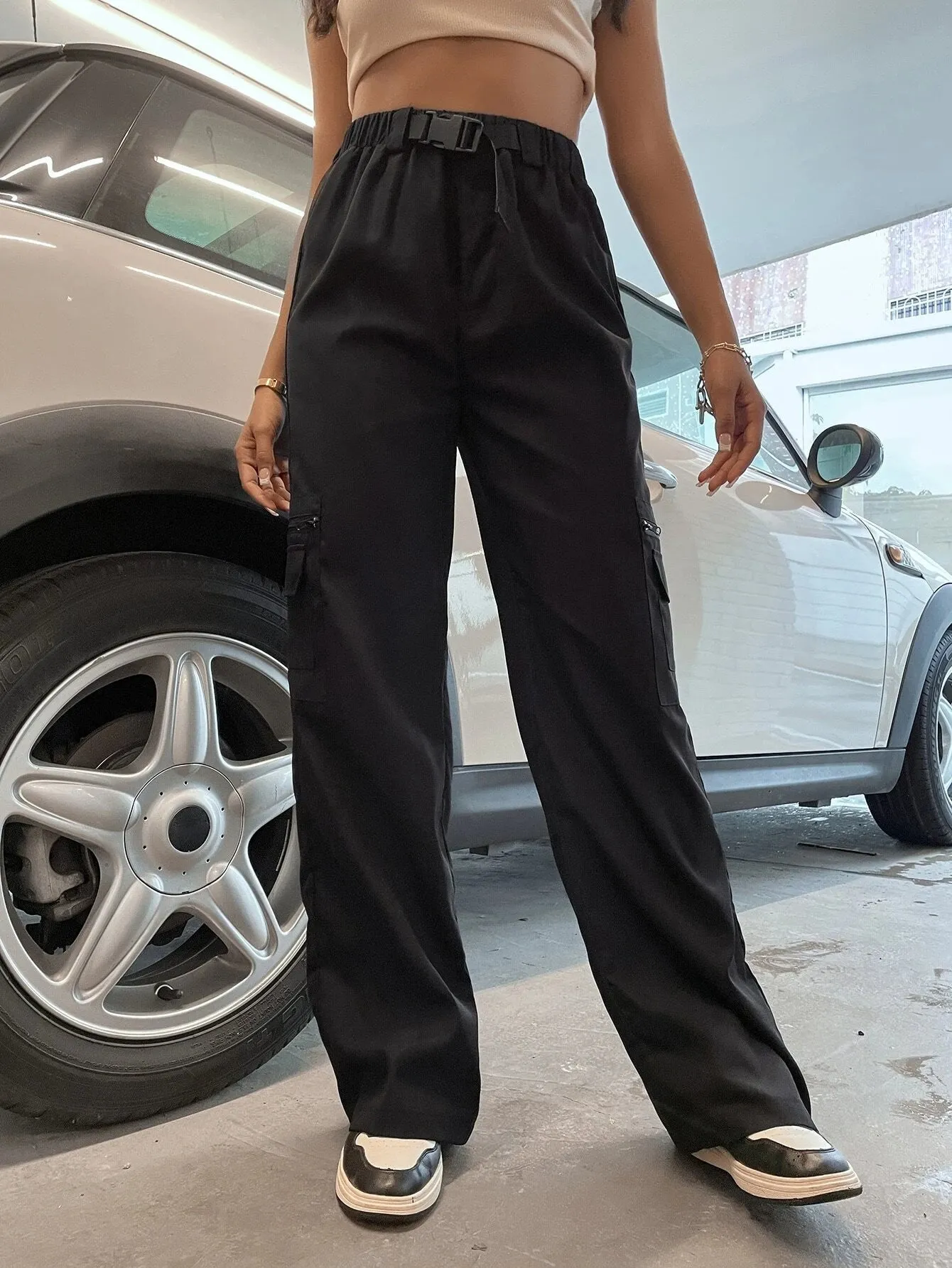 Flap Pocket Cargo Pants With Buckle Waist