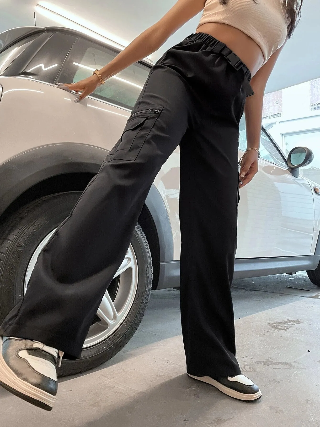 Flap Pocket Cargo Pants With Buckle Waist