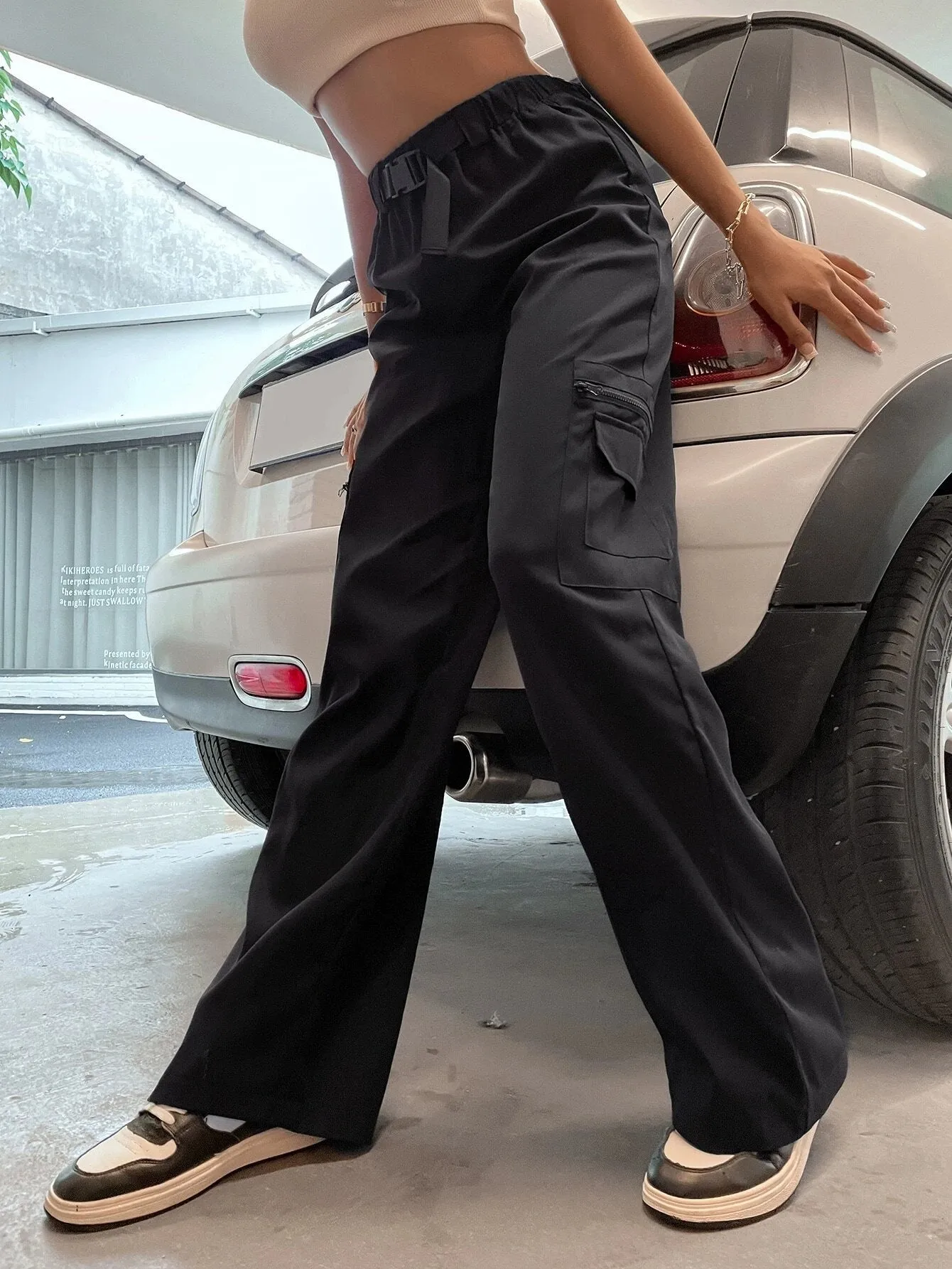 Flap Pocket Cargo Pants With Buckle Waist